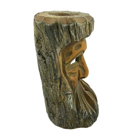 Rustic Hand Carved Wooden Candle Holder With Bearded Face Design - Picture 2 of 6